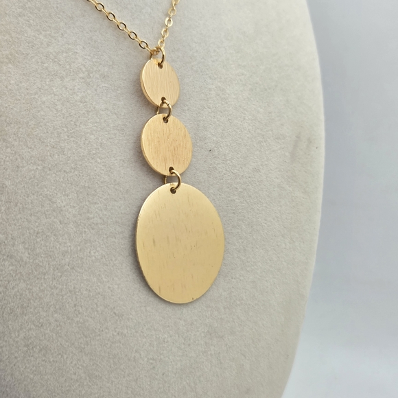 18K Gold Plated Brushed Disc Drop Necklace – Long 32” Chain - Picture 2 of 10
